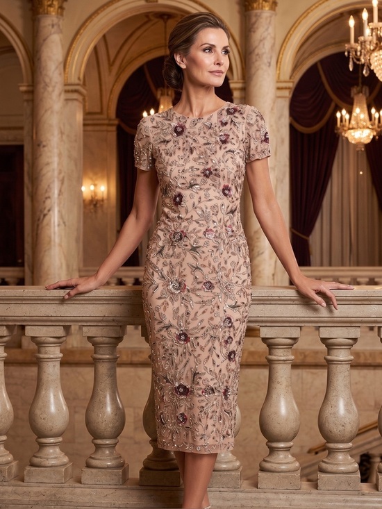 Mac Duggal Dresses & Skirts - MAC DUGGAL
Beige Floral Embellished Short Sleeve Midi Dress